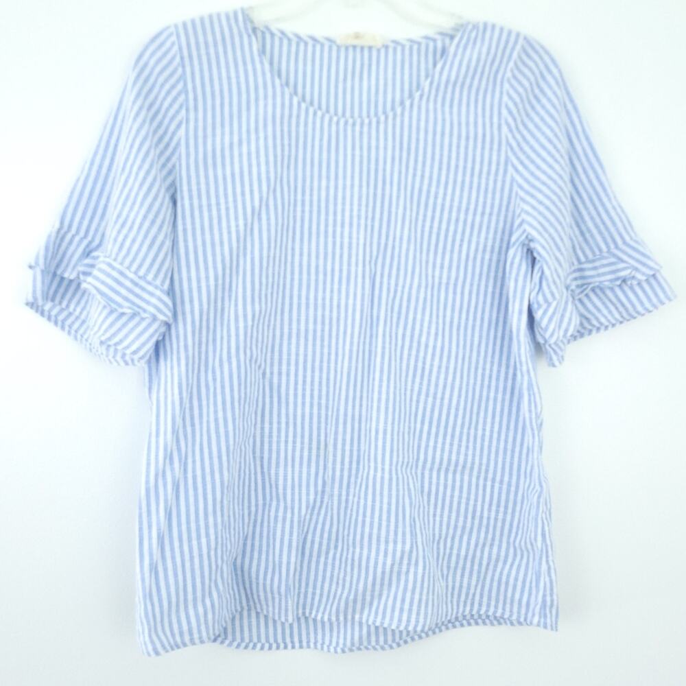 Cresent Stripe Cotton Shirt Small Blue White Stripe Short Sleeve Lightweight Top